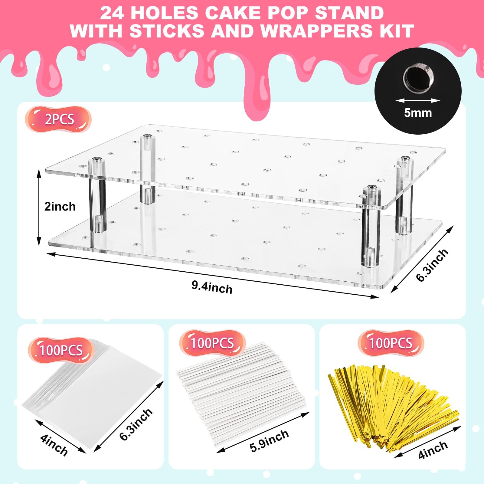 Factory wholesale 2 Pcs 24 Holes with 300 PCS Cake Pop Sticks Wrappers Kit Acrylic Cake Pop Stand Display Holder for Weddings