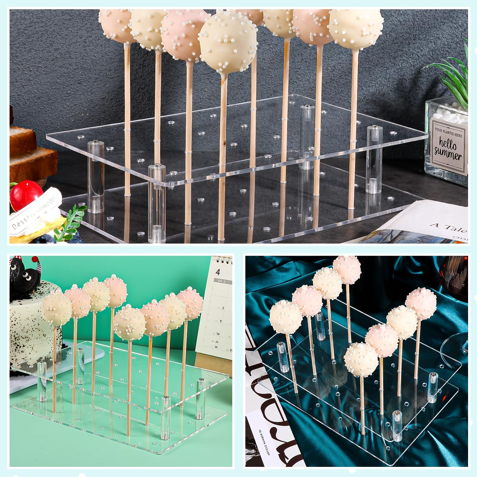 Factory wholesale 2 Pcs 24 Holes with 300 PCS Cake Pop Sticks Wrappers Kit Acrylic Cake Pop Stand Display Holder for Weddings