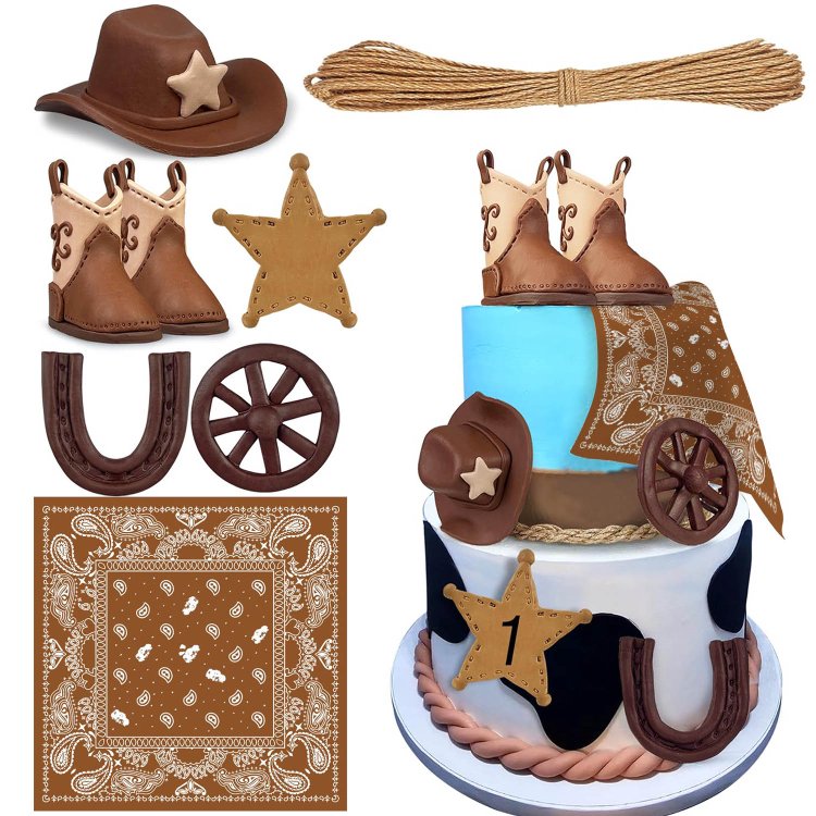 Cowboy Cake Decorations Western Cowboy Cowgirl Birthday Baby Shower for Western Theme Party Favors Supplies (Brown)