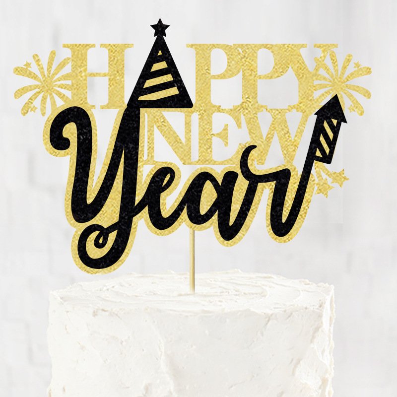 Glitter Gold Black Happy New Year Cake Topper for 2025 Merry Christmas Party Decoration Xmas Home Natal Cake Baking DIY Supplies