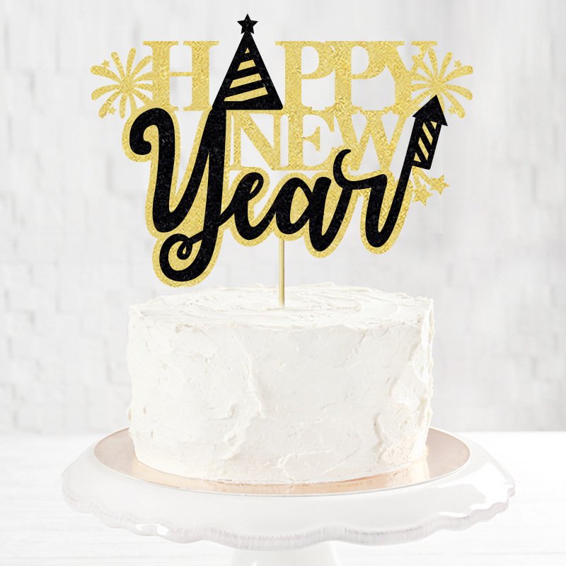 Glitter Gold Black Happy New Year Cake Topper for 2025 Merry Christmas Party Decoration Xmas Home Natal Cake Baking DIY Supplies