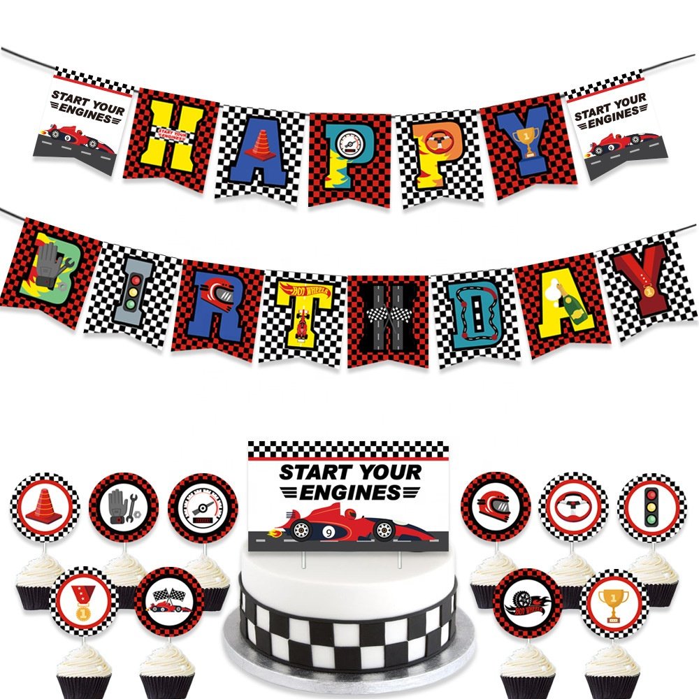 Nice Hot Selling Race Car Theme Party Supplies Happy Birthday Banner Cake Topper For Racing Boy Birthday Party Decorations