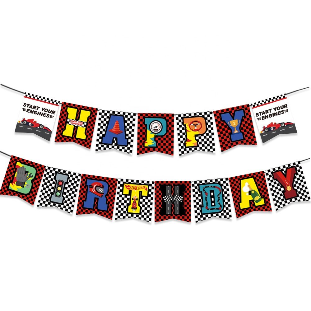 Nice Hot Selling Race Car Theme Party Supplies Happy Birthday Banner Cake Topper For Racing Boy Birthday Party Decorations