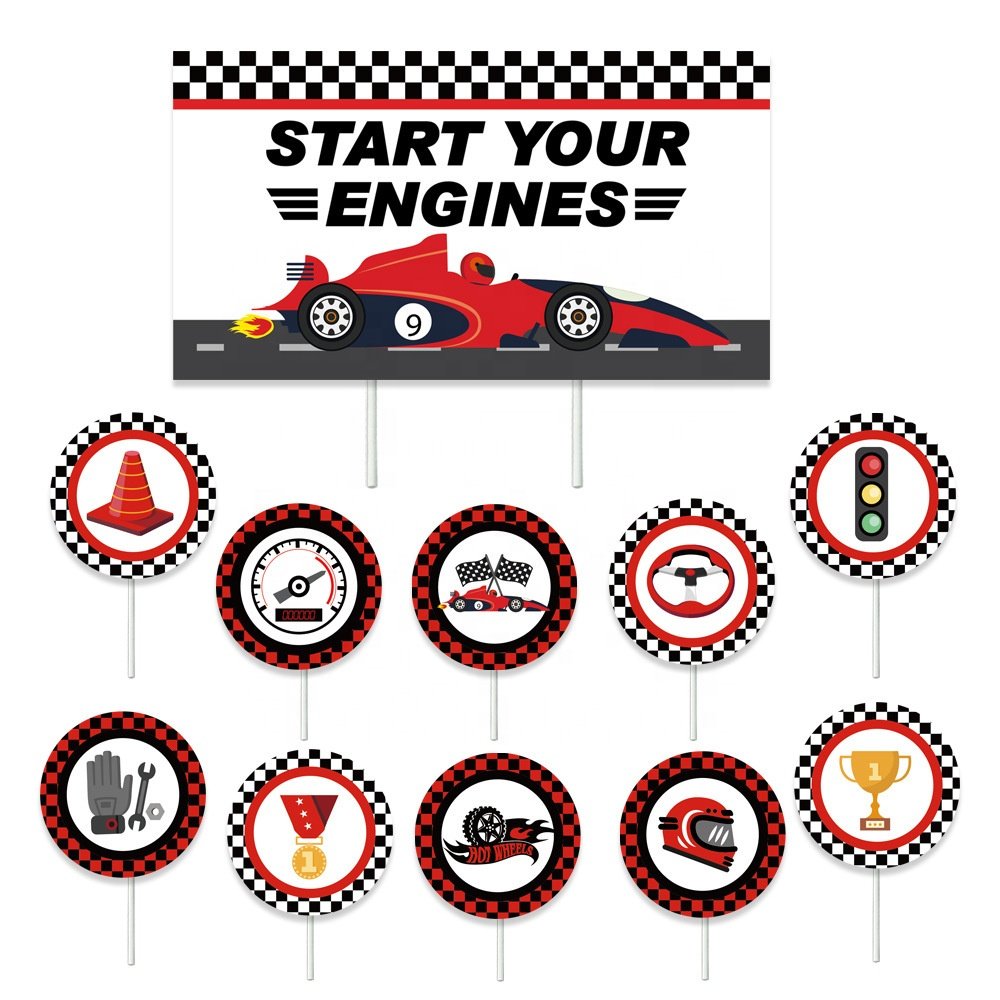 Nice Hot Selling Race Car Theme Party Supplies Happy Birthday Banner Cake Topper For Racing Boy Birthday Party Decorations