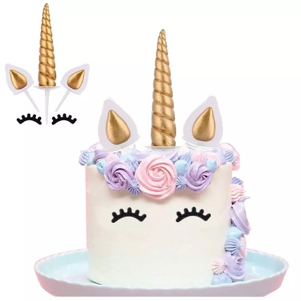 Handmade Polymer Clay Unicorn Cake Topper Reusable Unicorn Horn Ears and Eyelashes Party Cake Decoration