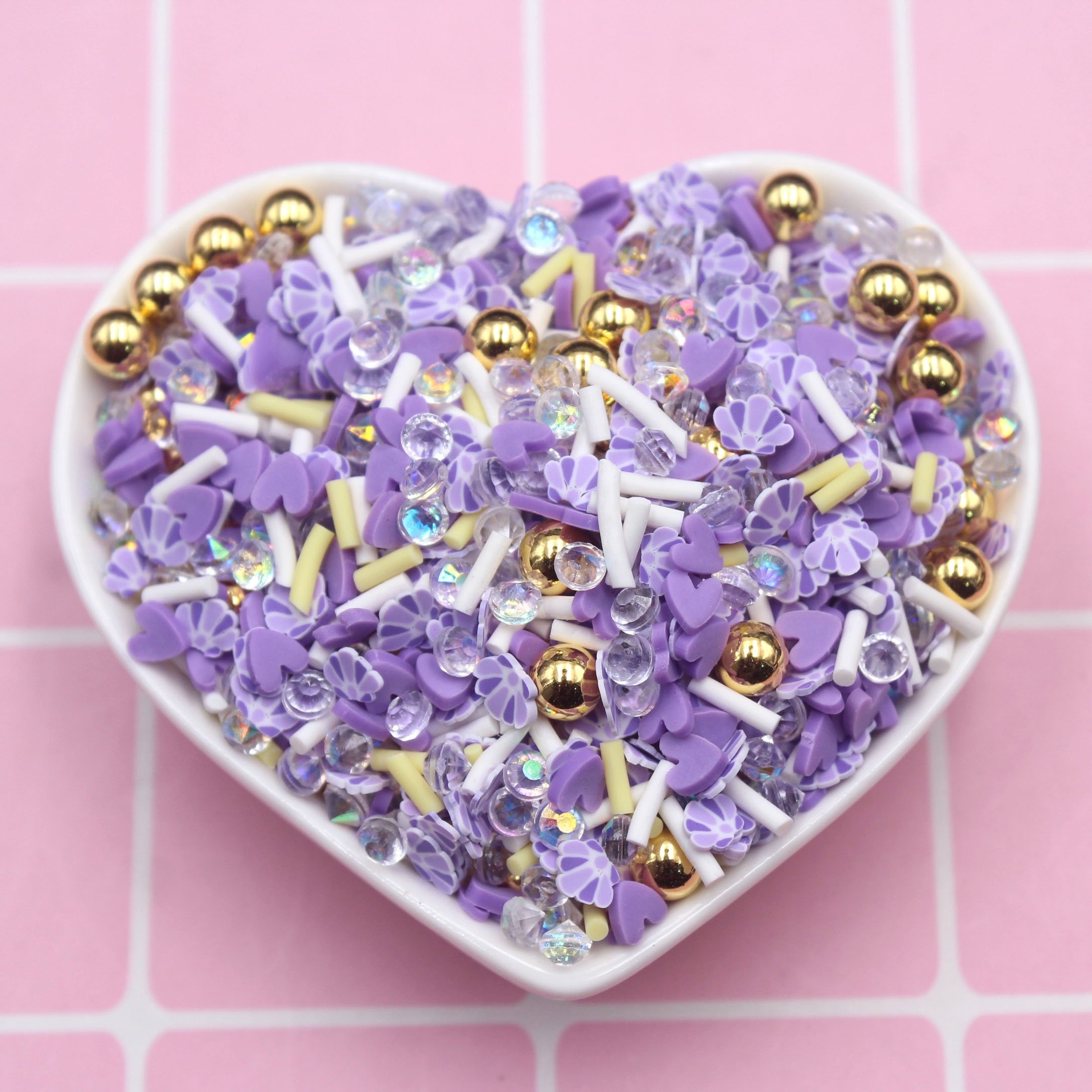 1KG/Bag 5mm Purple Sea Shell and Purple Hearts Clay Slices Mixed Gold Beads Long Sprinkles Slime Supplies Tumbler Shaker Filler