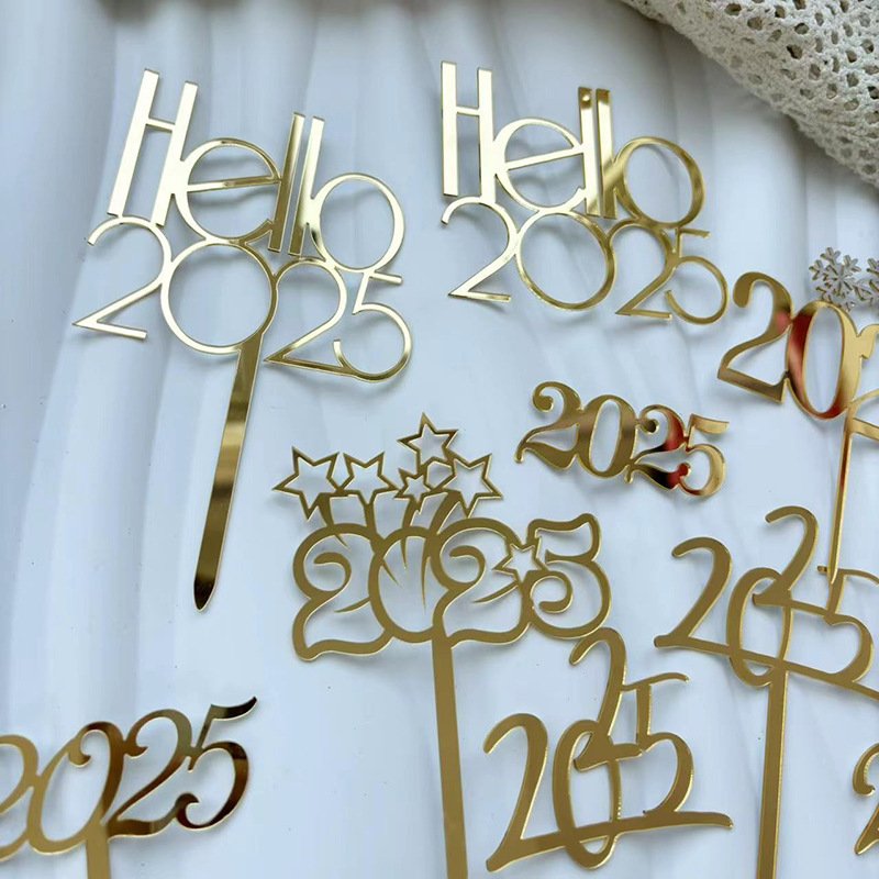 Ychon hello 2025 gold acrylic cupcake toppers 2025 new year cakes tools for anniversary party supplies