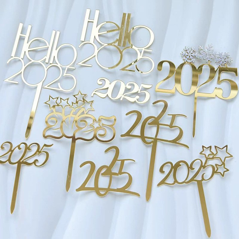 Ychon hello 2025 gold acrylic cupcake toppers 2025 new year cakes tools for anniversary party supplies