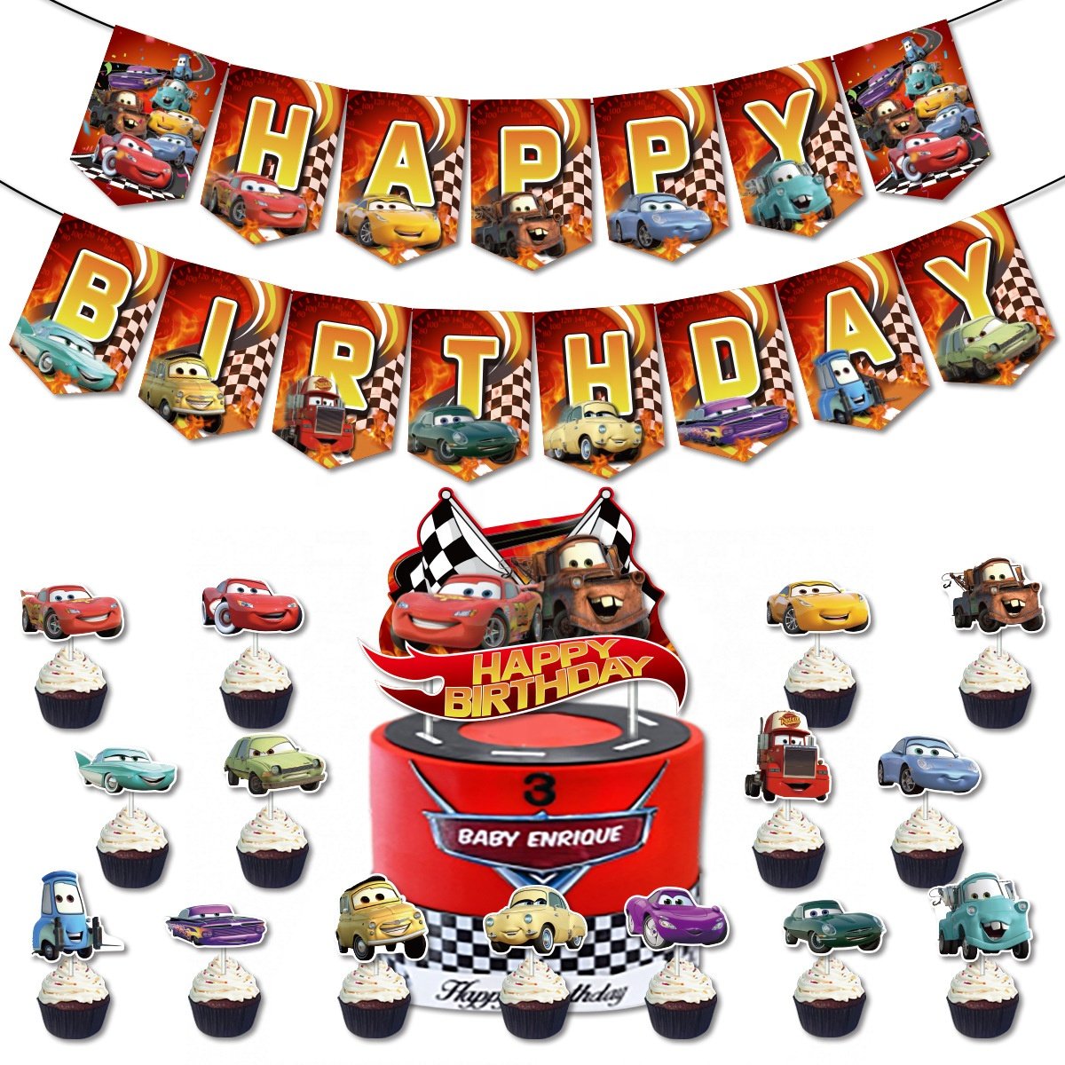 Nice Hot Wheels Car Themed Party Decoration Boys Birthday Banner Hanging Swirls Hot Wheels Racing Balloon Cake Toppers Set