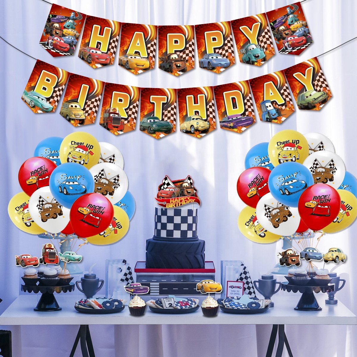 Nice Hot Wheels Car Themed Party Decoration Boys Birthday Banner Hanging Swirls Hot Wheels Racing Balloon Cake Toppers Set