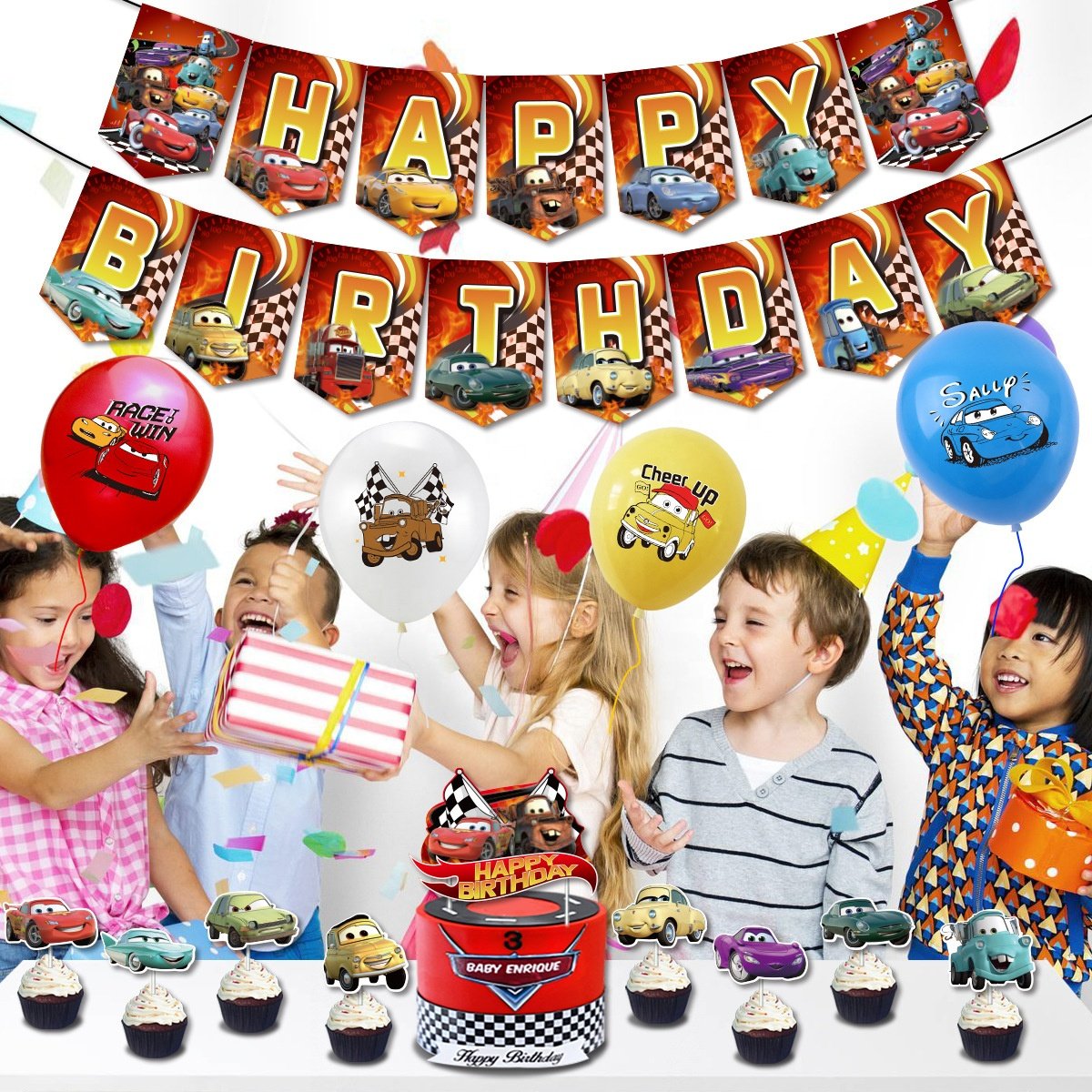 Nice Hot Wheels Car Themed Party Decoration Boys Birthday Banner Hanging Swirls Hot Wheels Racing Balloon Cake Toppers Set
