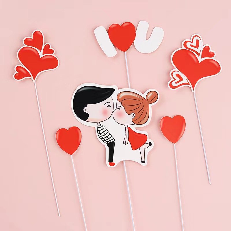 Hot Valentine's Day Colorful Cake Card Insert Love Couple Theme Cake Decoration Paper Love Cake Decoration Supplies