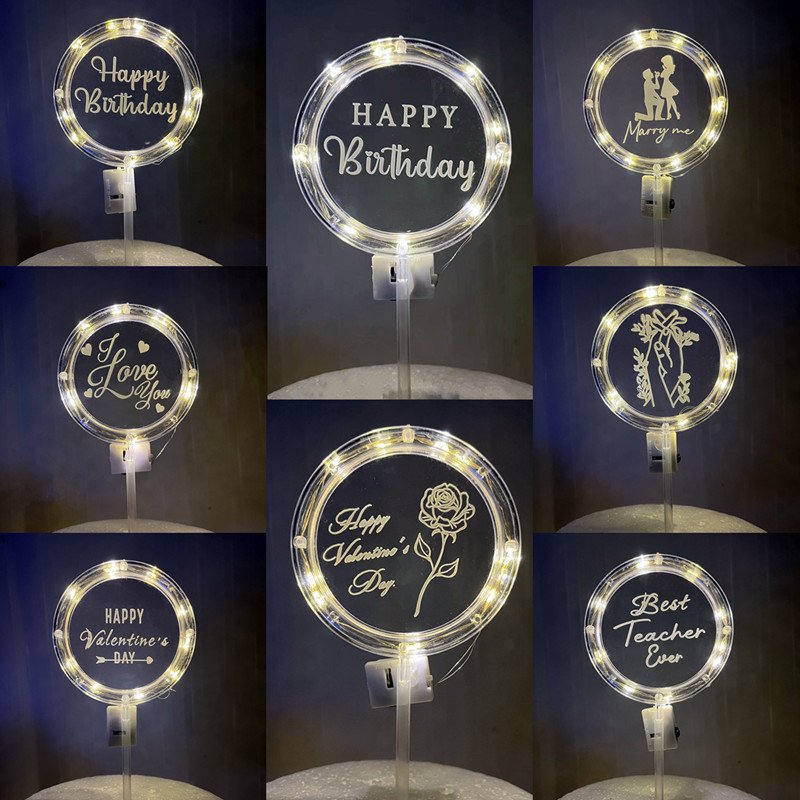 Acrylic LED Happy Birthday Cake Toppers Valentine's Day Cake Toppers Birthday Cake Decoration Decorative Lighting Party Supplies