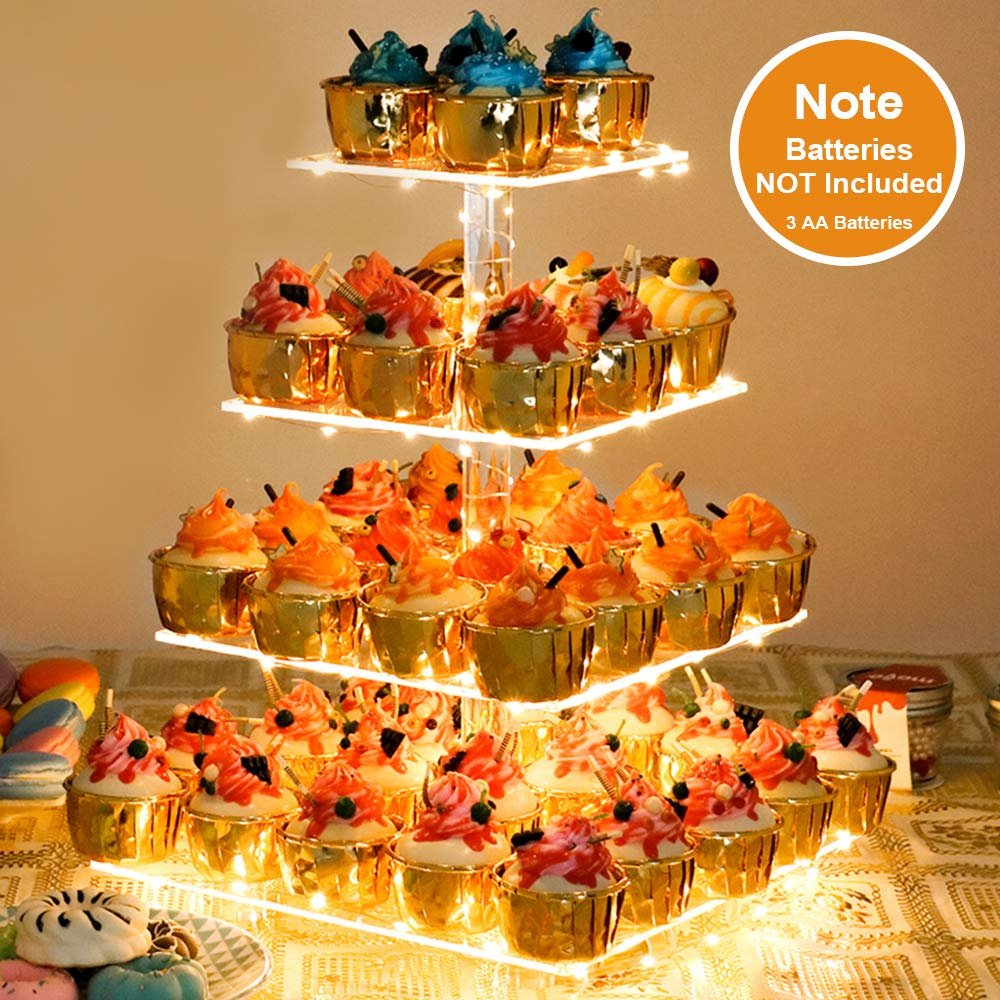 Factory wholesale 4 Tier with LED Light Cupcake Cake Decorating Supplies Acrylic Tower Display for Birthday Cady Bar Decor