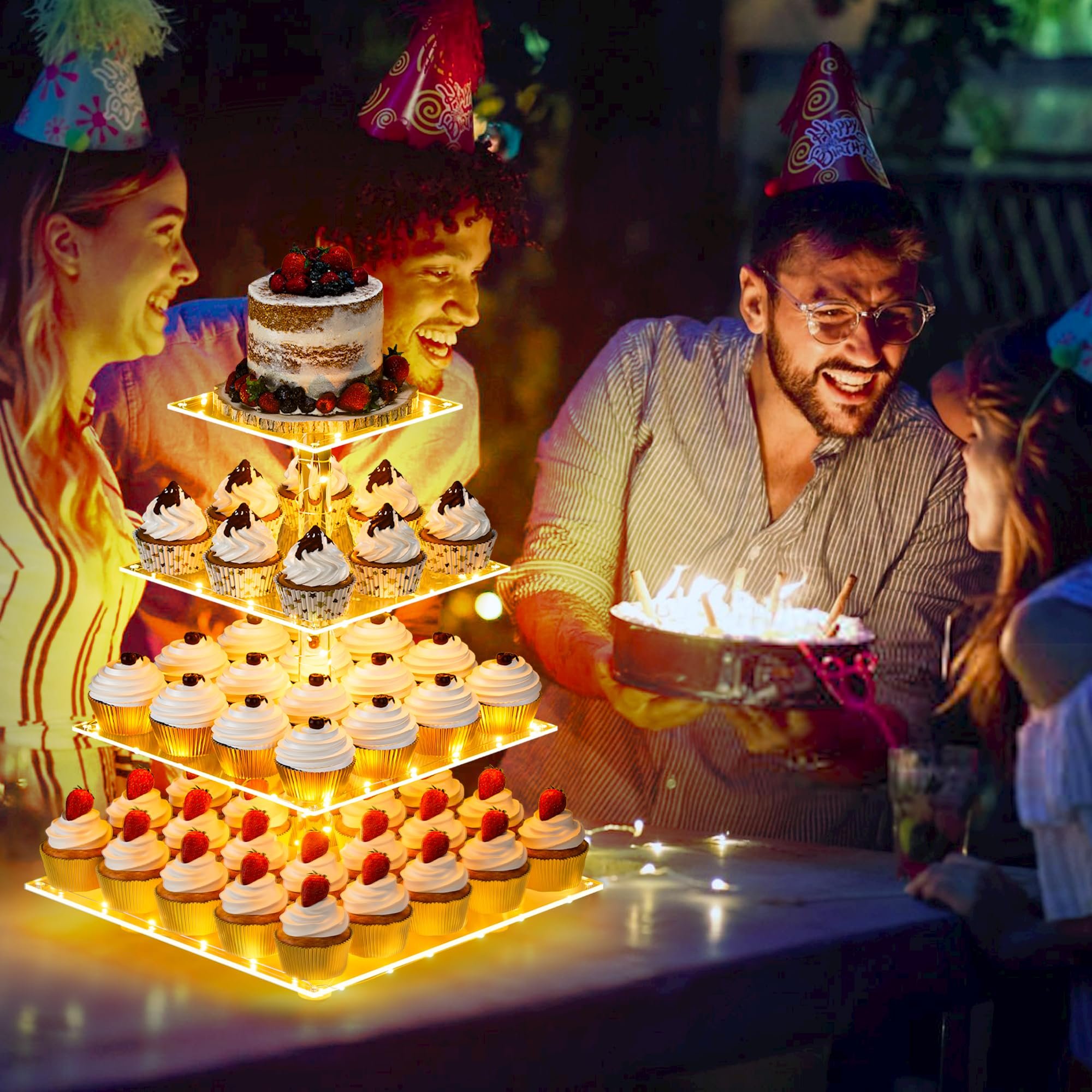 Factory wholesale 4 Tier with LED Light Cupcake Cake Decorating Supplies Acrylic Tower Display for Birthday Cady Bar Decor