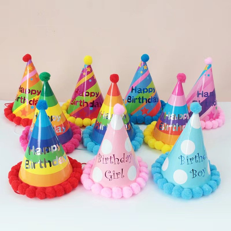 Birthday Hat Children's First Birthday Party Decoration Hair Ball Hat Cartoon Colored Striped Hat Rainbow Colored