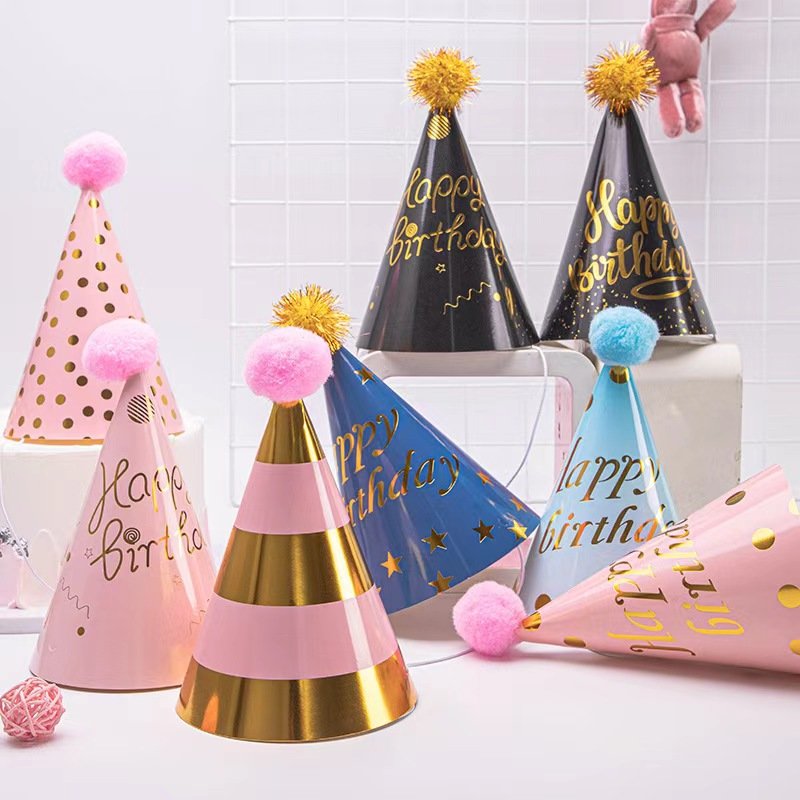 Birthday Hat Children's First Birthday Party Decoration Hair Ball Hat Cartoon Colored Striped Hat Rainbow Colored
