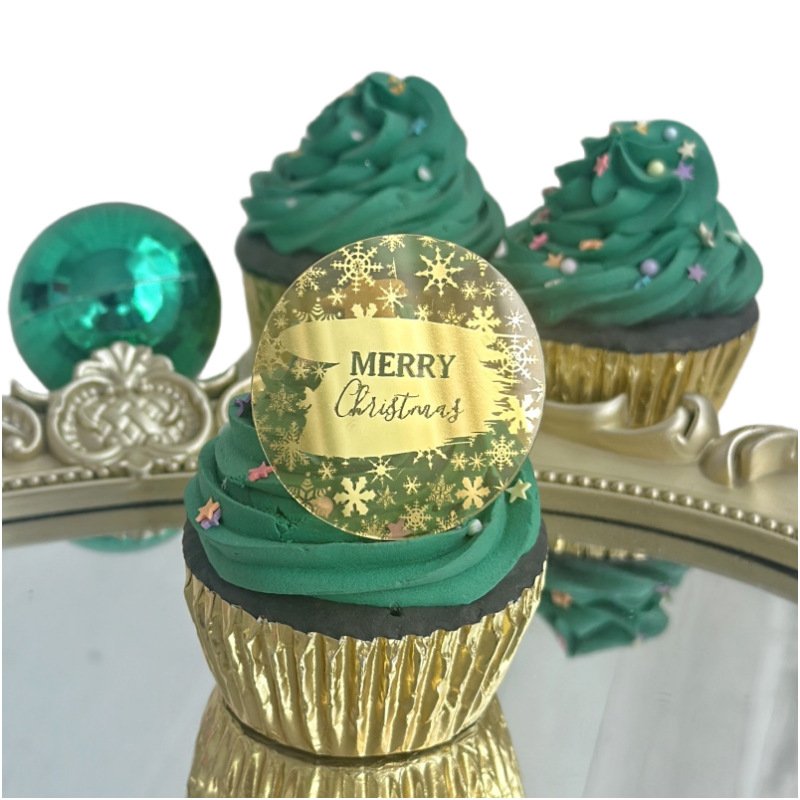 Round Golden Acrylic Cake Topper Christmas Party Merry Christmas Cake Topper Happy New Year Baking Decoration Supplies Wholesale