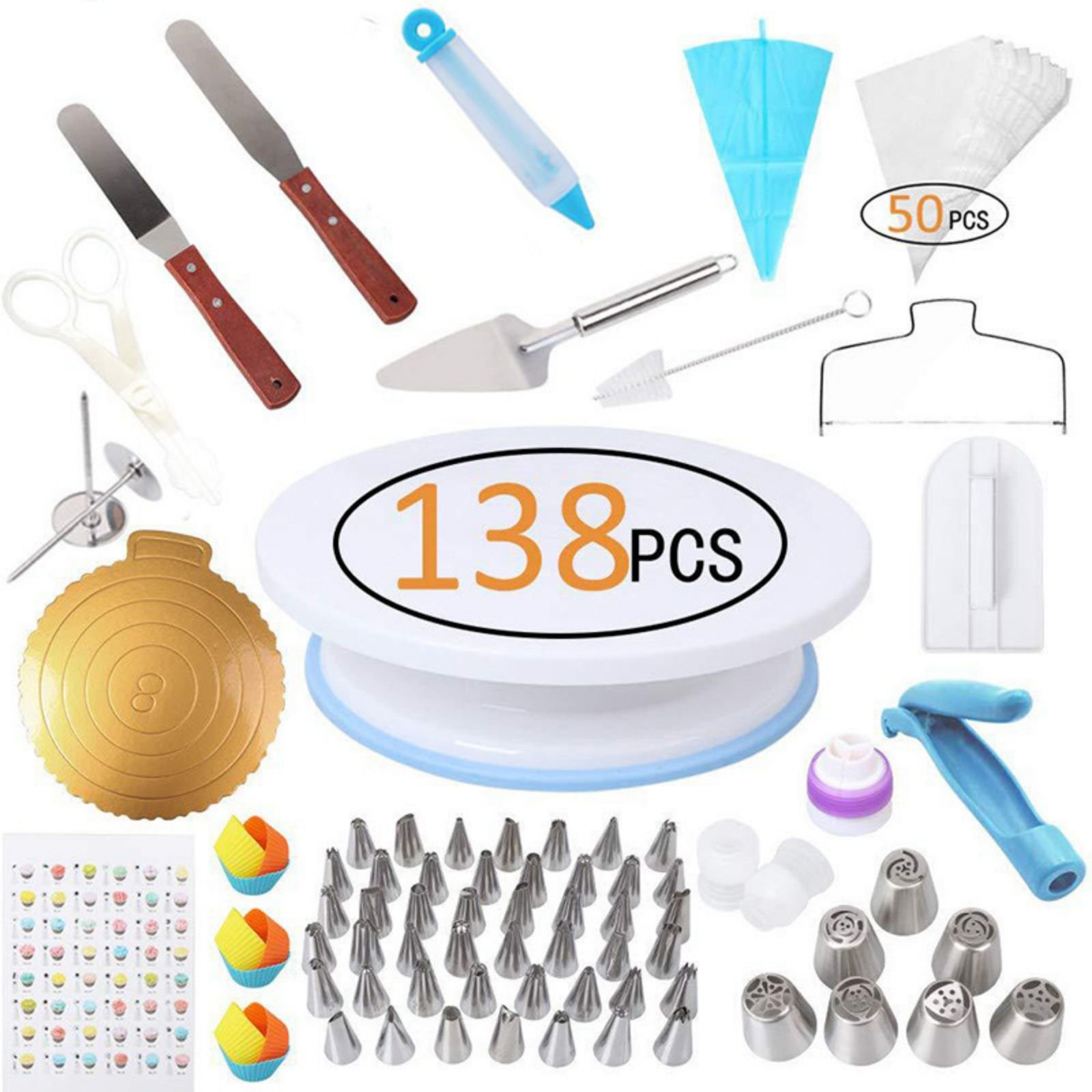 138pcs Baking Decorating Tool Set Silicone Resin & Paper Includes Turntable Nozzles Spear Spatula Triangle Shovel Packed Bag