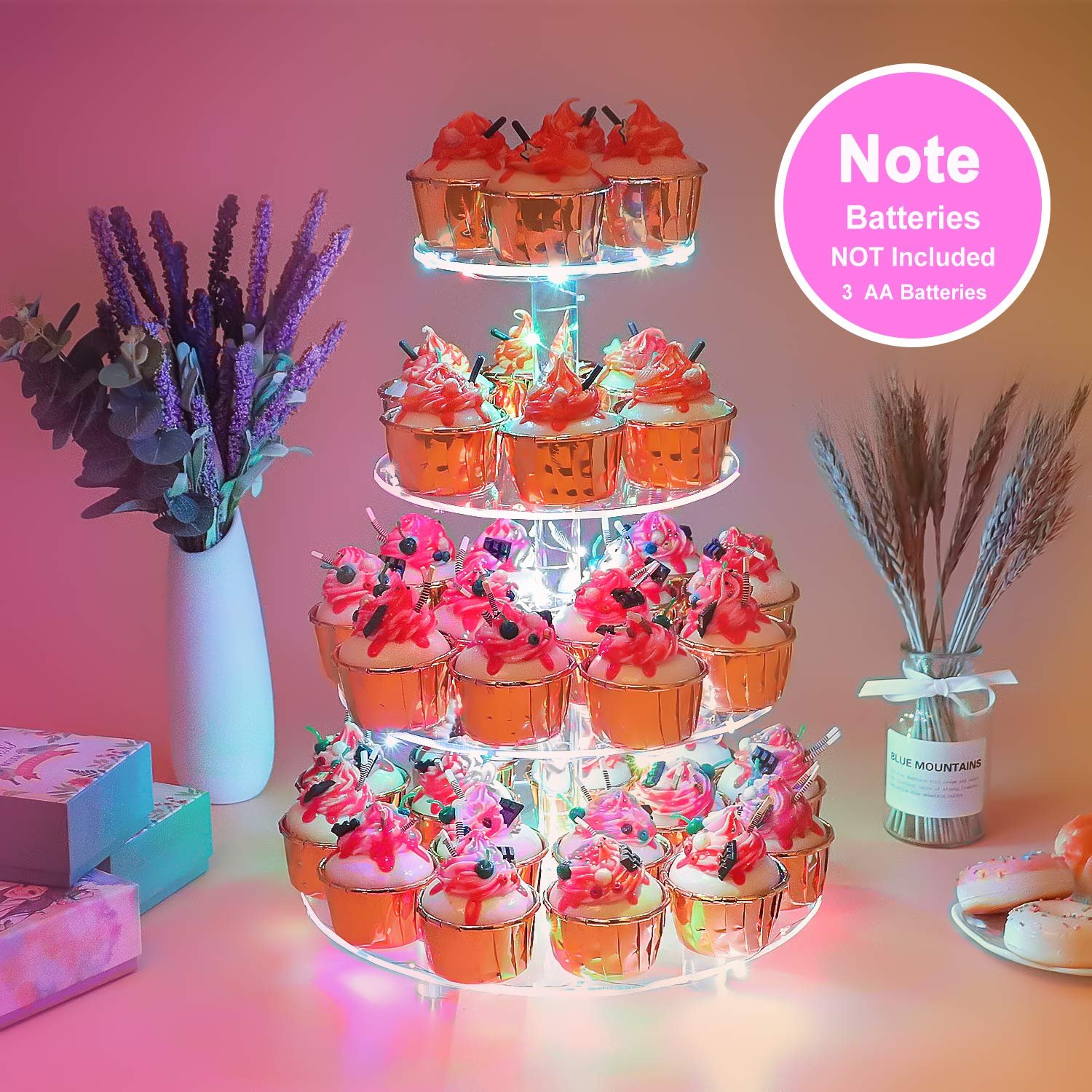 Factory wholesale 4 Tier with LED Light Cupcake Cake Decorating Supplies Acrylic Cake Display Stands for Birthday Cady Decor