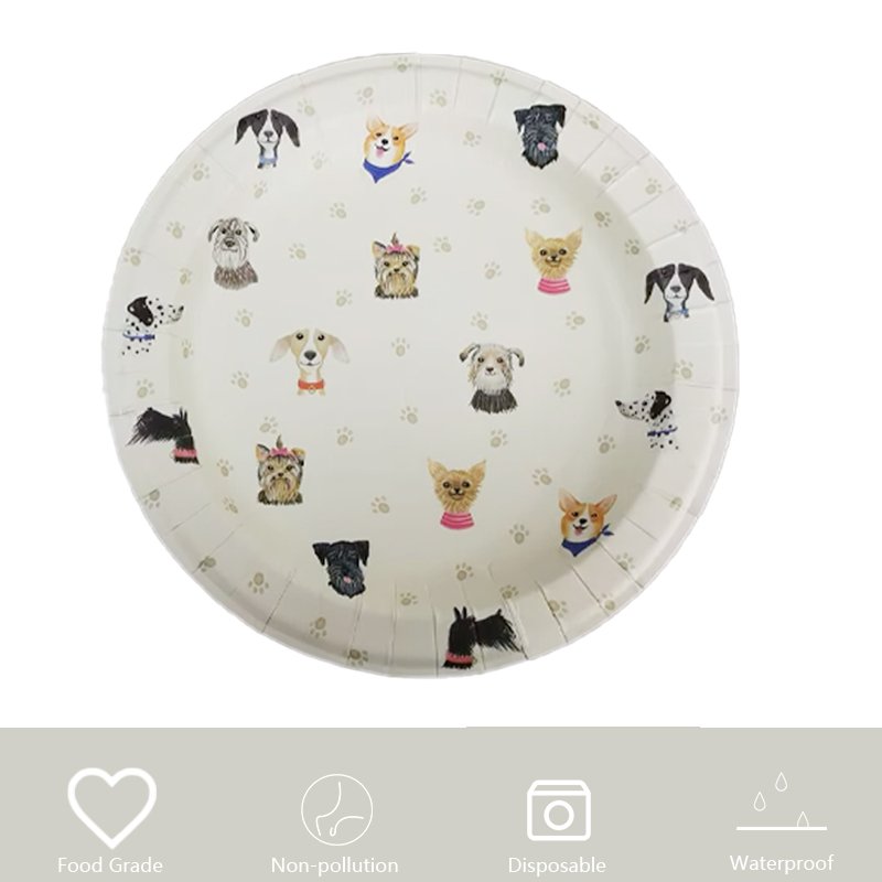 Dog Theme Paper Plate Cream Color Puppy Disposable Plates Cartoon Dinner cake Plates for Animal Pet Party Table Decor Supplies