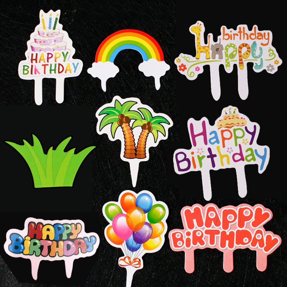 Happy Birthday baking cartoon card plug-in cake decoration balloon coconut tree rainbow simple creative card 50 pieces