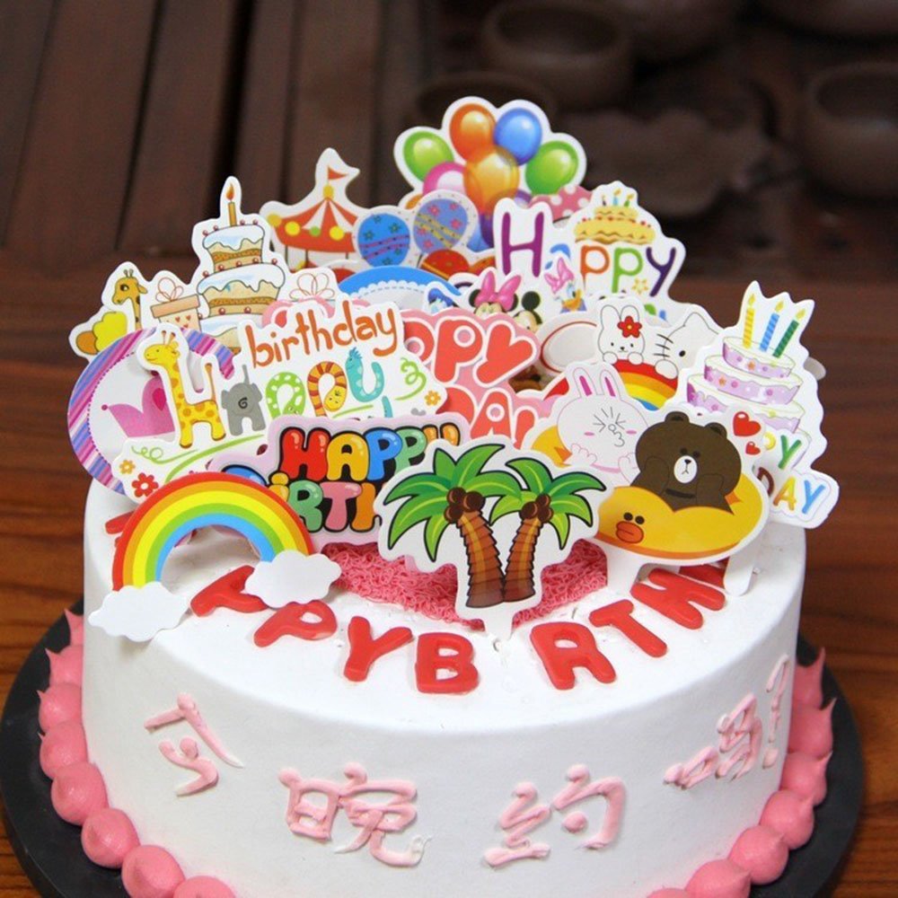 Happy Birthday baking cartoon card plug-in cake decoration balloon coconut tree rainbow simple creative card 50 pieces