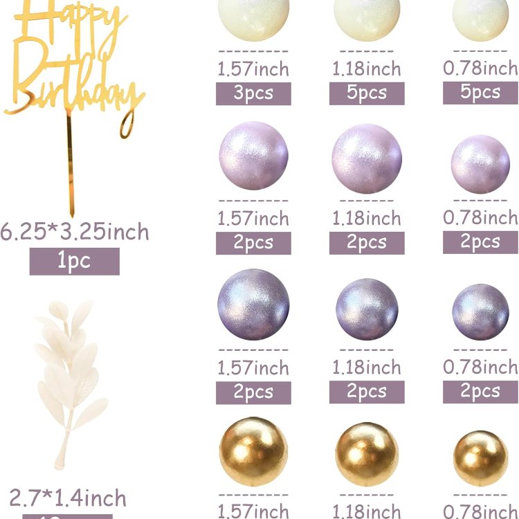 Purple White Balls Faux Cake Topper Happy Birthday Cake Decorations for Wedding Baby Shower Boho Themed Party Supplies