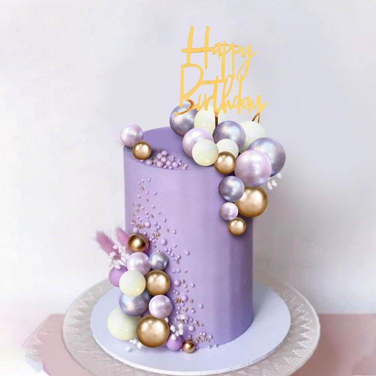 Purple White Balls Faux Cake Topper Happy Birthday Cake Decorations for Wedding Baby Shower Boho Themed Party Supplies