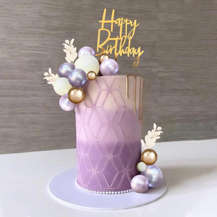Purple White Balls Faux Cake Topper Happy Birthday Cake Decorations for Wedding Baby Shower Boho Themed Party Supplies