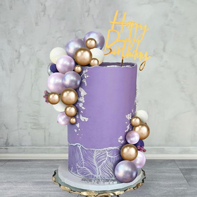 Purple White Balls Faux Cake Topper Happy Birthday Cake Decorations for Wedding Baby Shower Boho Themed Party Supplies