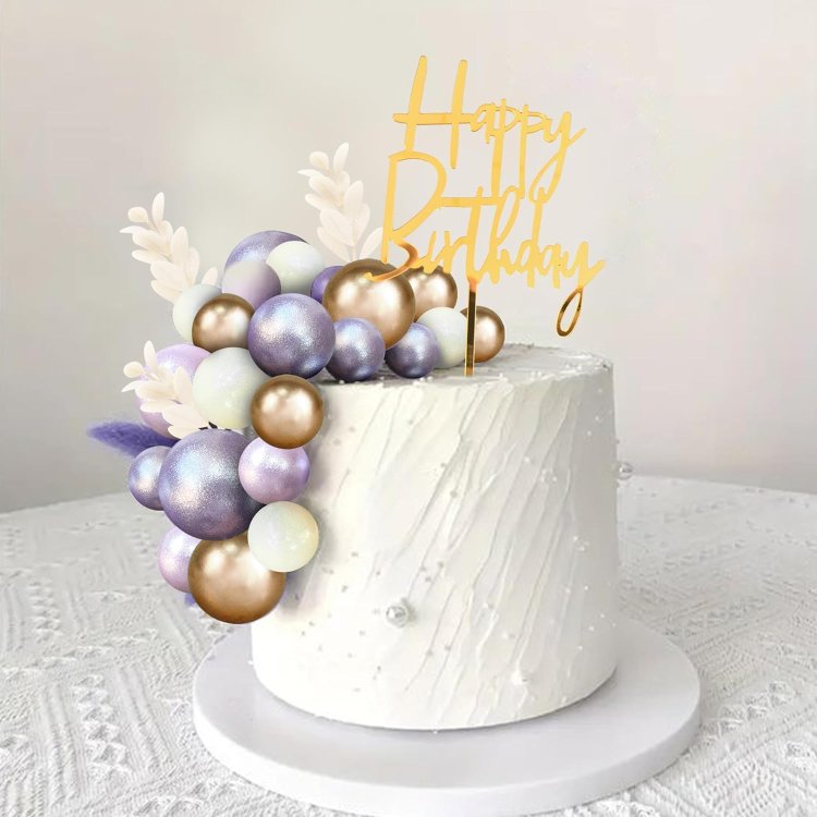 Purple White Balls Faux Cake Topper Happy Birthday Cake Decorations for Wedding Baby Shower Boho Themed Party Supplies