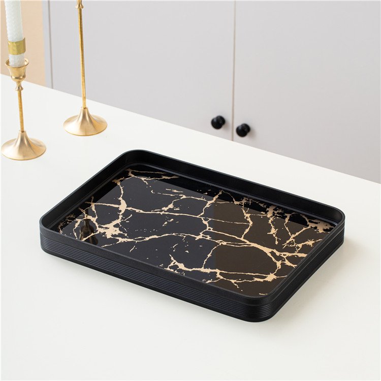 Wholesales luxury black gold marbling design table glass vanity decor tray mirror serving trays for hotel restaurant home