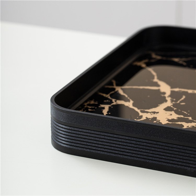 Wholesales luxury black gold marbling design table glass vanity decor tray mirror serving trays for hotel restaurant home