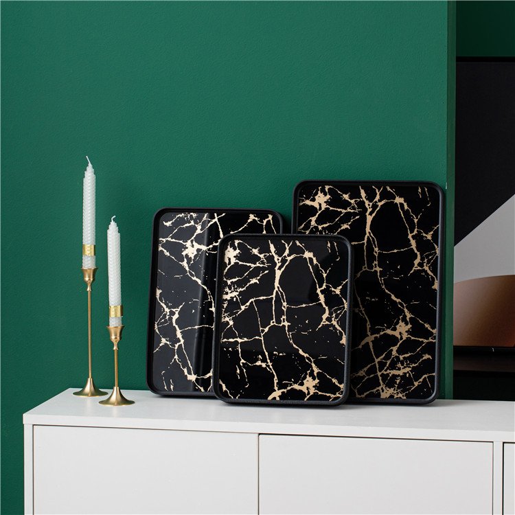 Wholesales luxury black gold marbling design table glass vanity decor tray mirror serving trays for hotel restaurant home