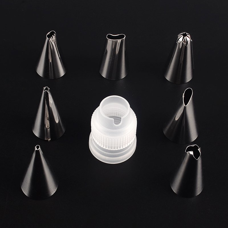 9pcs DIY Baking Cream Decorating Supplies Reusable Stainless Steel Spout Silicone Pastry Bags Set in Box Cake Decorating Tools
