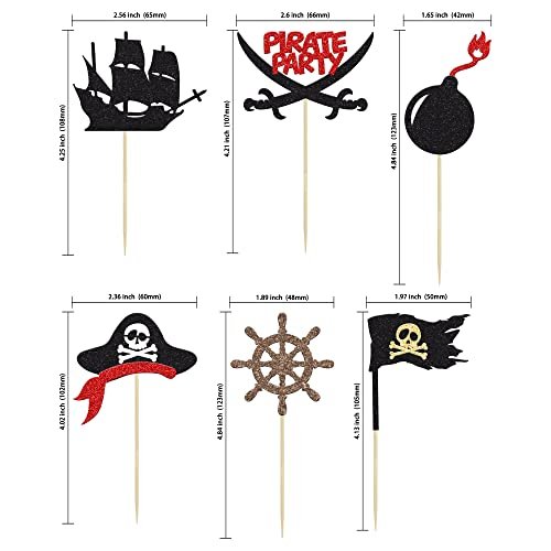 Baby Shower Decorations with Black Glitter Nautical Sailing Skull Cap Cupcake Picks for Kid's Birthday Party Cake Decorations