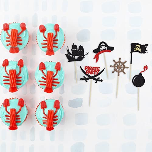 Baby Shower Decorations with Black Glitter Nautical Sailing Skull Cap Cupcake Picks for Kid's Birthday Party Cake Decorations