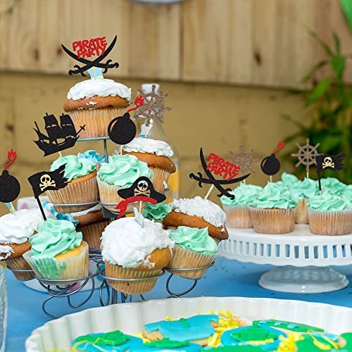 Baby Shower Decorations with Black Glitter Nautical Sailing Skull Cap Cupcake Picks for Kid's Birthday Party Cake Decorations