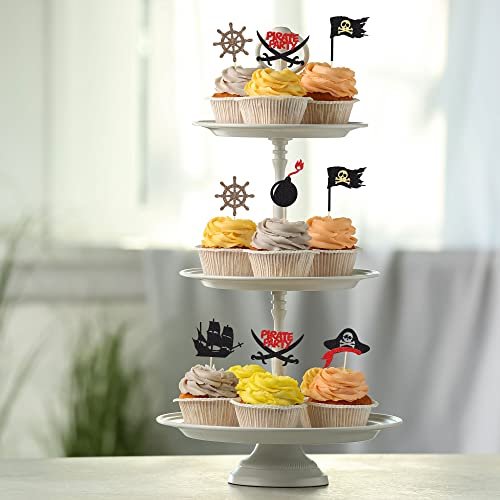 Baby Shower Decorations with Black Glitter Nautical Sailing Skull Cap Cupcake Picks for Kid's Birthday Party Cake Decorations