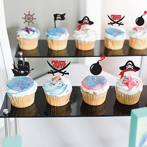 Baby Shower Decorations with Black Glitter Nautical Sailing Skull Cap Cupcake Picks for Kid's Birthday Party Cake Decorations