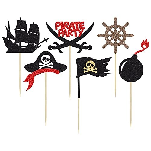 Baby Shower Decorations with Black Glitter Nautical Sailing Skull Cap Cupcake Picks for Kid's Birthday Party Cake Decorations