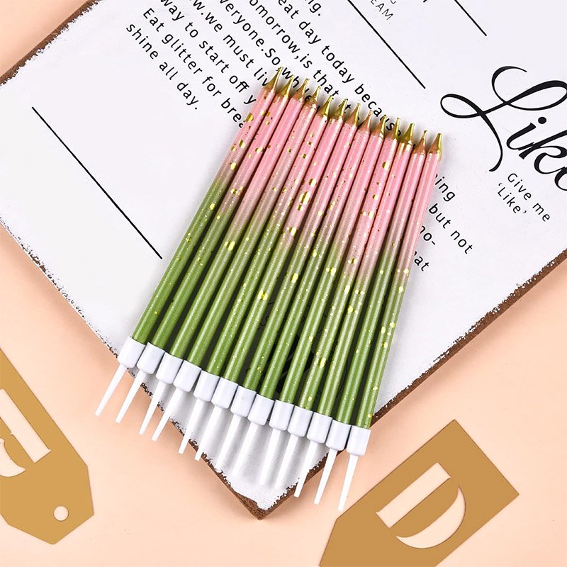 24pcs/box special Pencil Art Gradient Pink Green Gold Long Thin Birthday Parties Wedding Decorations Birthday Party Cake Candles