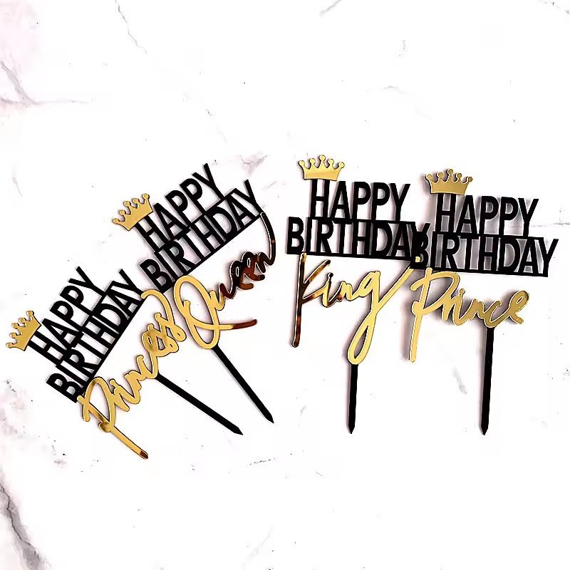 Personality Happy Birthday Cake Topper-Acrylic King Queen Crown Cake Insert Decoration for Birthday Party and Holiday Supplies