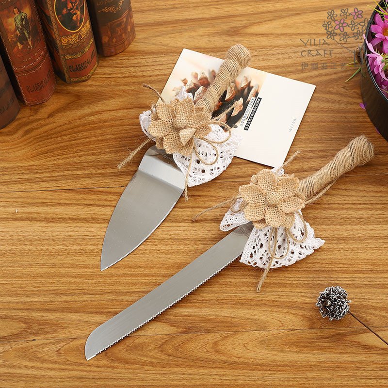 4 Pieces Wedding Supplies - Cake Knife, Cake Serving Set,Rustic Bridegroom Gift with Jute Handles