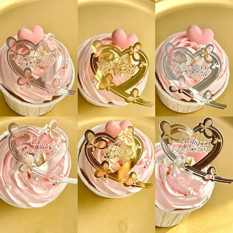 Happy Birthday Acrylic Cake Decorating Supplies Gold Rose Gold Heart Butterfly Happy Anniversary Cake Toppers Cupcake Decoration