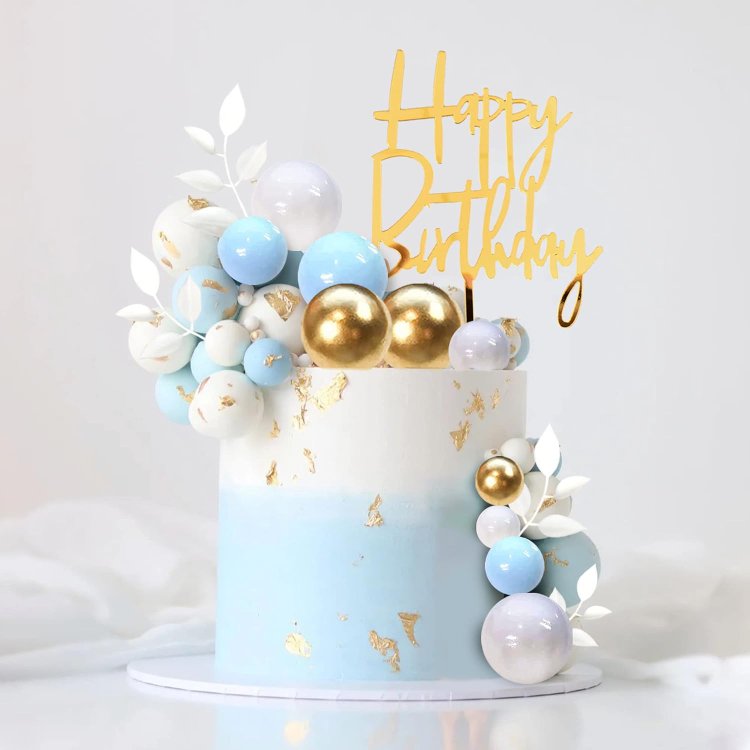 Blue Balls Faux Cake Topper Happy Birthday Cake Decorations for Wedding Baby Shower Boho Themed Party Supplies