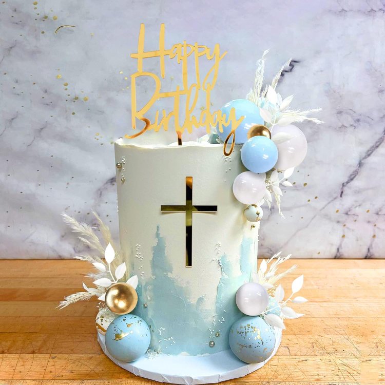 Blue Balls Faux Cake Topper Happy Birthday Cake Decorations for Wedding Baby Shower Boho Themed Party Supplies