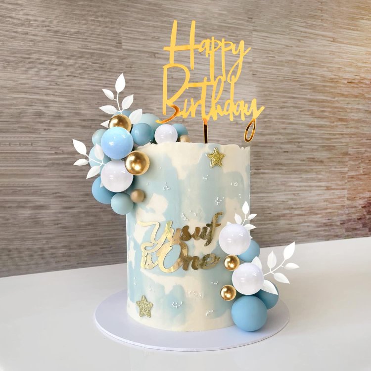 Blue Balls Faux Cake Topper Happy Birthday Cake Decorations for Wedding Baby Shower Boho Themed Party Supplies