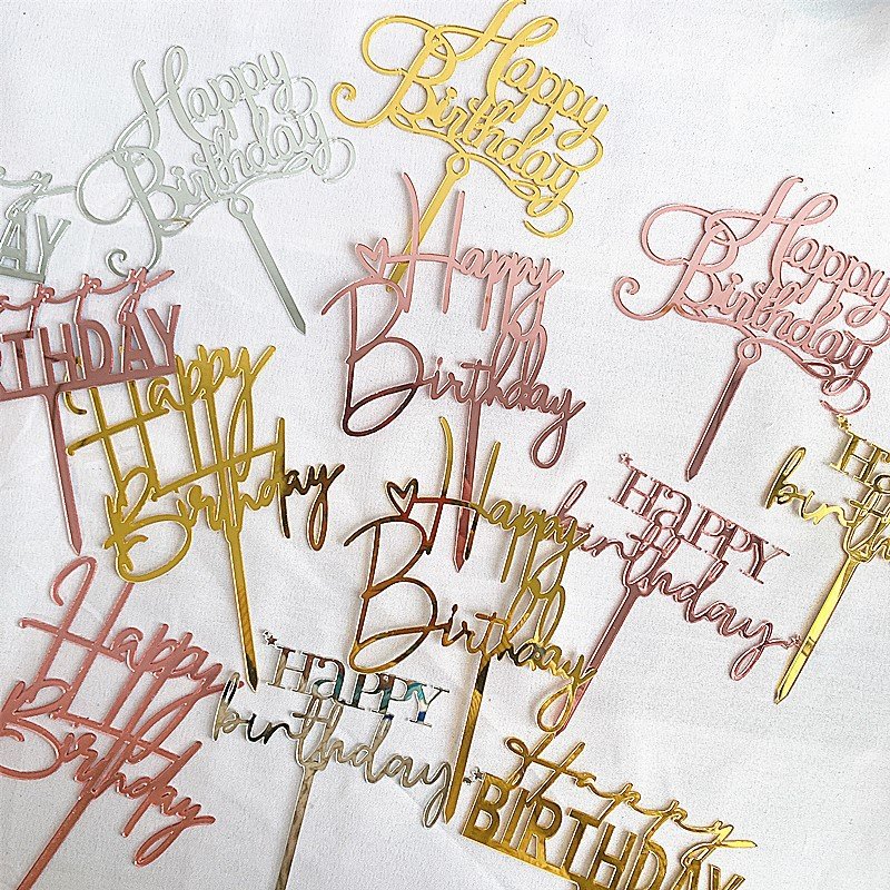 Factory Wholesale Acrylic Happy Birthday Cake topper Gold silver black cake Topper party baking decoration supplies Customized